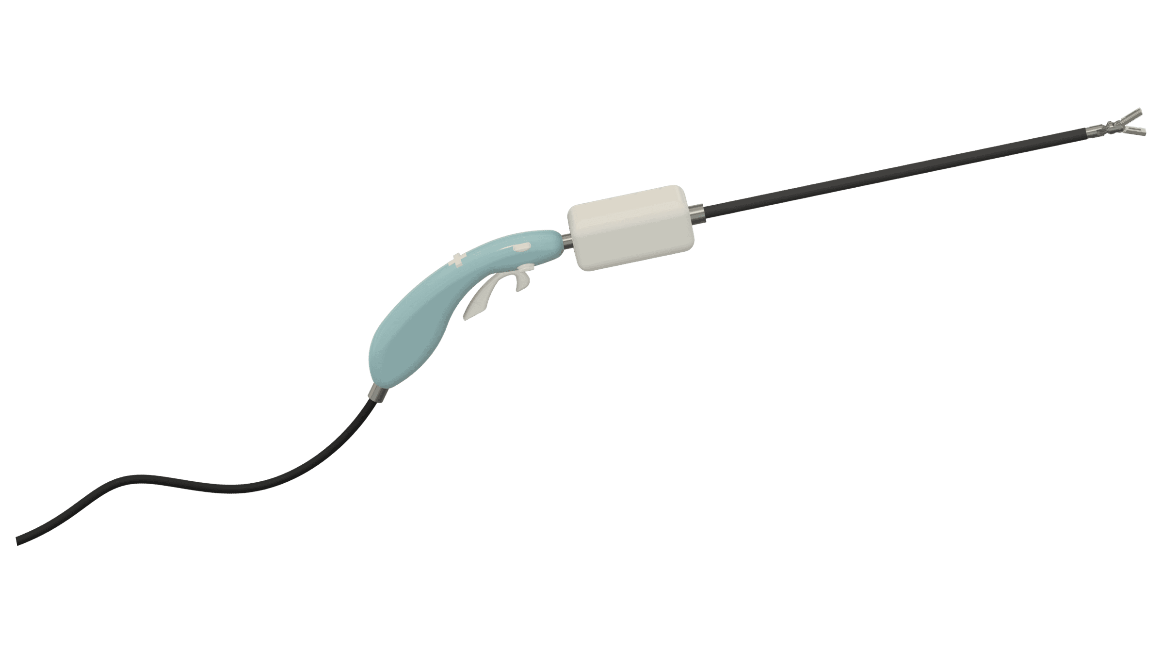 Yukalyptus LumaGrip shown in full: ergonomic handle and trigger, motorized control module, shaft, and articulated end-effector tip.