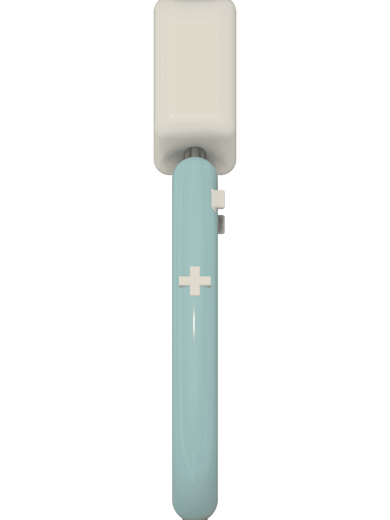 Close detail of the LumaGrip handle: the motorized control module above the teal grip, with the cross-shaped articulation control and two adjacent buttons that rotate the shaft a full 360 degrees, all facing the surgeon's thumb.