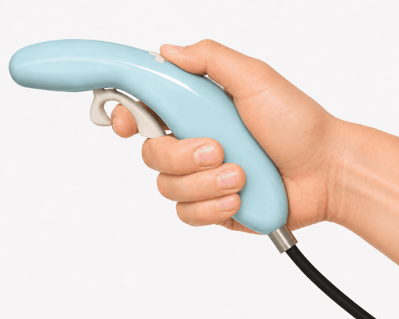 A surgeon's hand holding a handheld instrument with a pistol grip, where a thumb control and motor bend the tip.