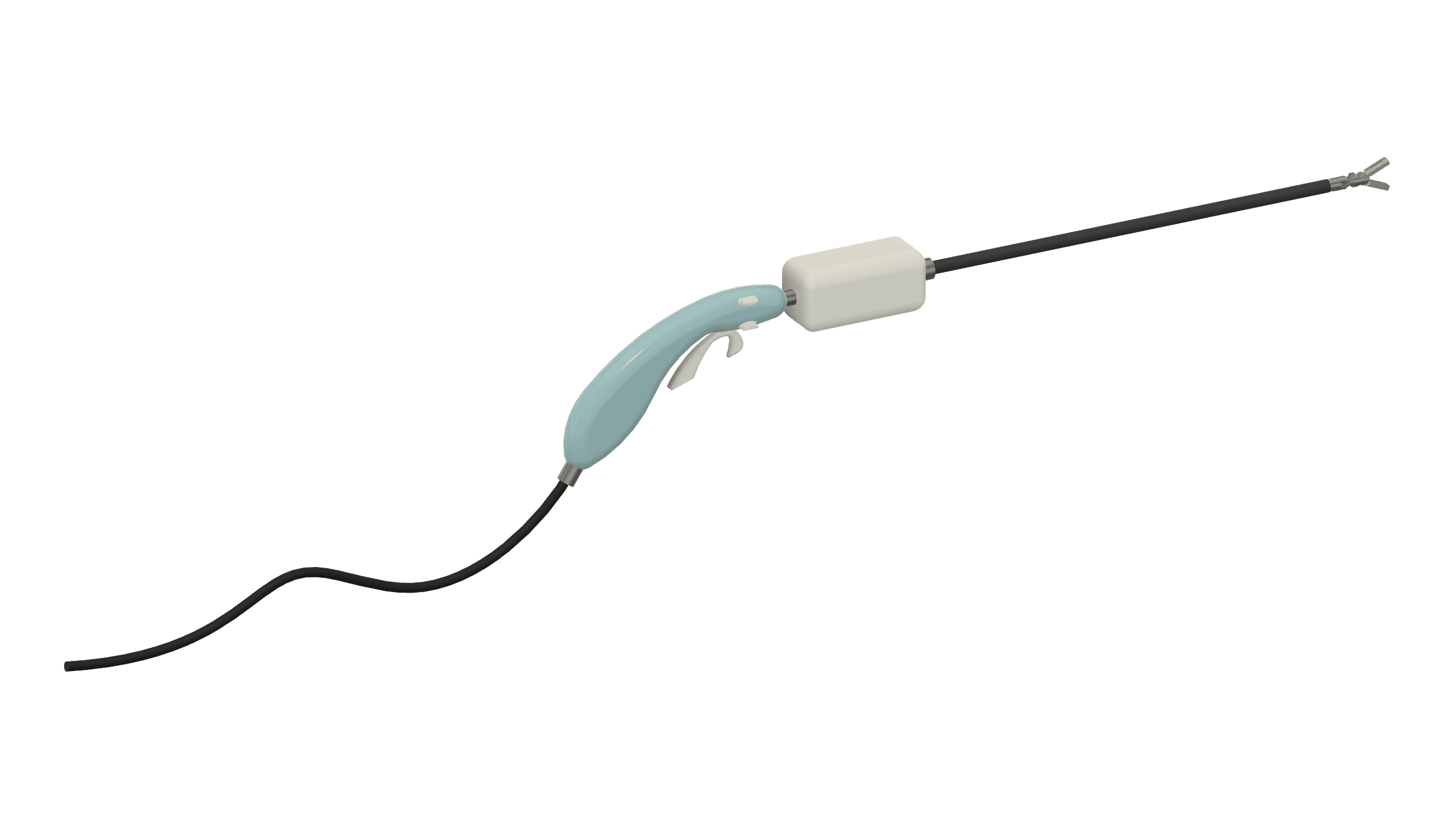 Yukalyptus handheld robotic instrument — ergonomic teal handle with trigger, control module, and articulated end-effector.