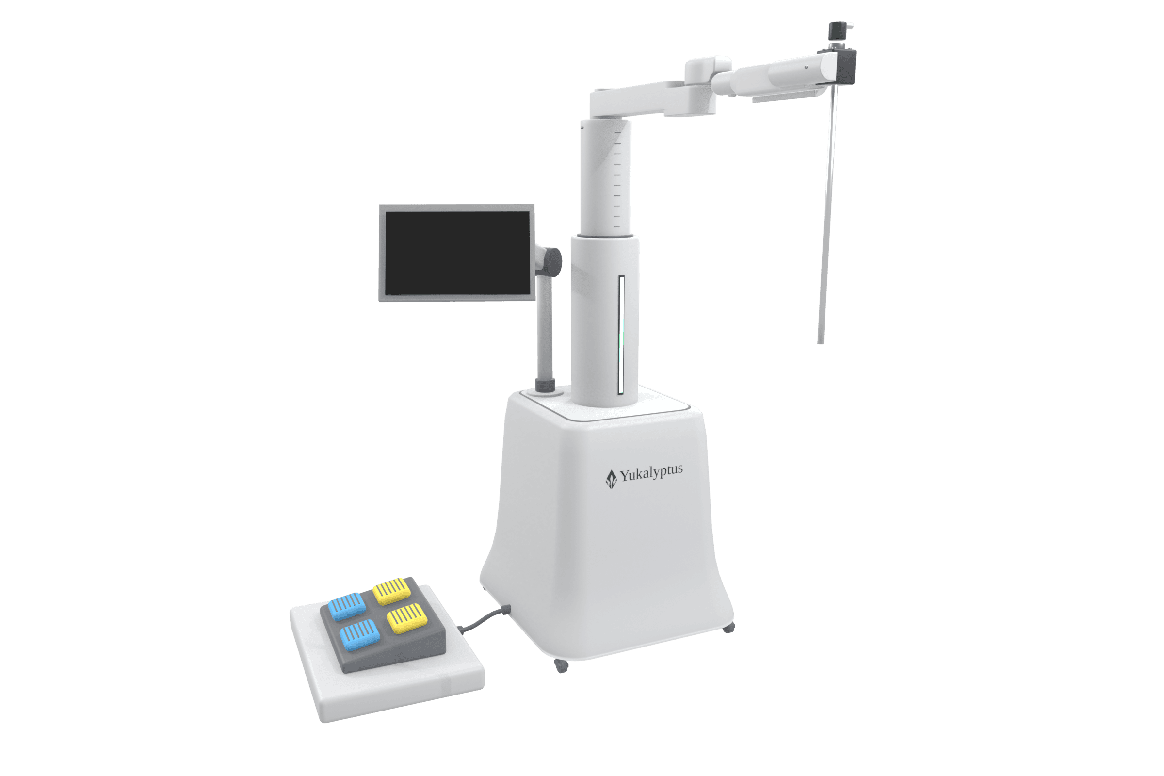 Yukalyptus LumaArm system rendered in three-quarter view: a floor-standing cart with an articulated arm holding a laparoscope, a display monitor, and a foot pedal in the foreground.