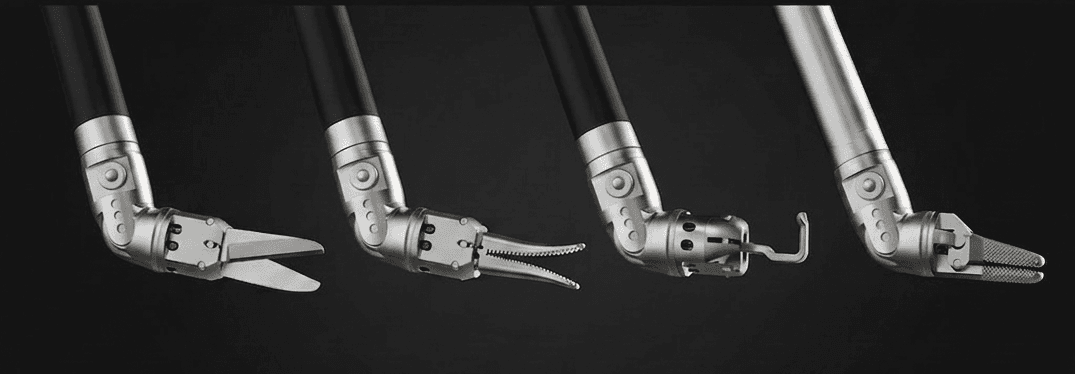 Yukalyptus LumaGrip end-effector family — monopolar scissors, precision dissector, monopolar hook, and micro-textured needle holder, each mounted on the 7-DoF articulated wrist.